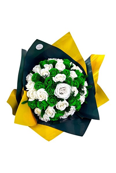 velve Buchet Green Harmony, cu 51 trandafiri de sapun, lagurus criogenat si b...