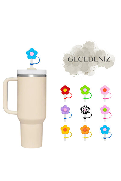 GECEDENİZ Thermos Compatible Straw Stopper Blue Flower 2D