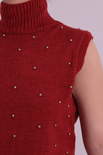 armonika Women's Burgundy Front Beaded Sleeveless Knitwear Dress Arm-26K136034