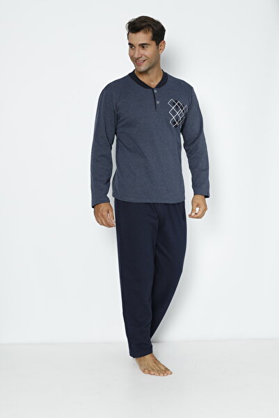 Ayans Pijama İki Iplik (KALIN) Uzun Kollu Pijama Takımı(LACİVERT)