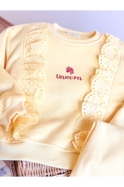Pinkitokids Pi̇tto Butteryellow Ruffle Lace Detailed Sweatshirt and Leggings Set
