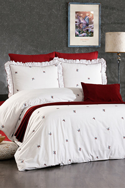 Serebien Home Collection Ophelia 100% Cotton Butterfly Pattern Embroidered, Ruffled, 8-Piece Premium Double Duvet Cover Set