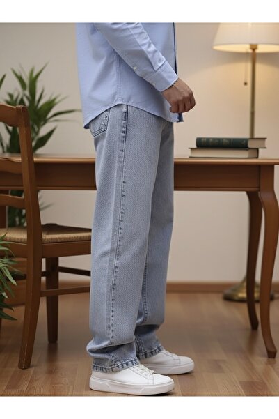 Lyvens Erkek Buz Mavi Baggy Oversize Bol Paça Jean kot Pantolon