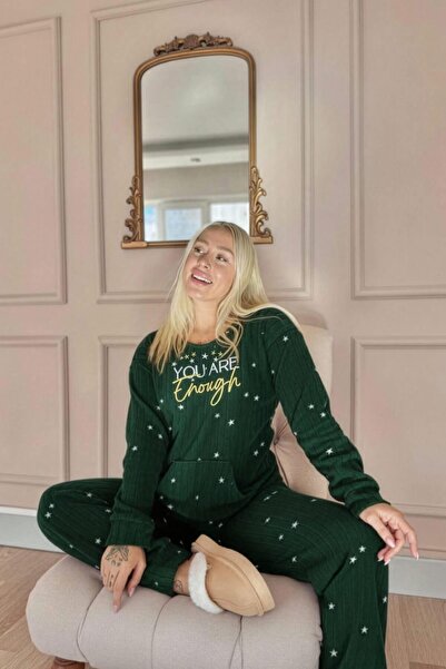 Pijamaevi Green Enough Patterned Kangaroo Pocket Plush Fleece Pajama Set