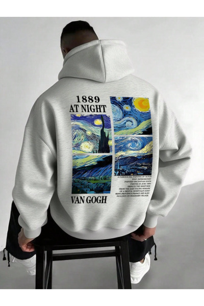 Revasser Unisex Erkek/Kadın VANGOGH Renkli Özel Baskılı Pamuklu Oversize Kapü...