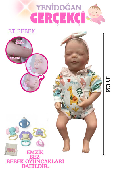 kosetoys Kız Bebek oyuncağı Gerçekci hareketli silikon bebek( desenli Tulumlu) 43 cm Aksesuarlar Dahildir