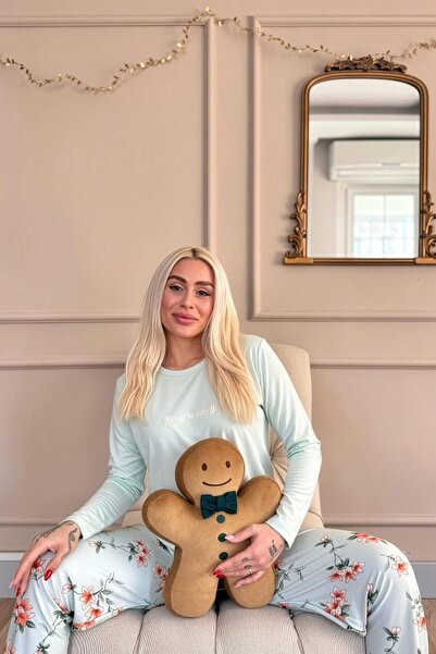 Pijamaevi Mint Spring is My Life Çiçek Desenli Uzun Kollu Bambu Örme Kadın Pijama Takımı