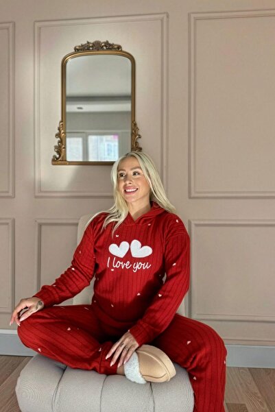 Pijamaevi Red Love You Patterned Hooded Plush Fleece Pajama Set