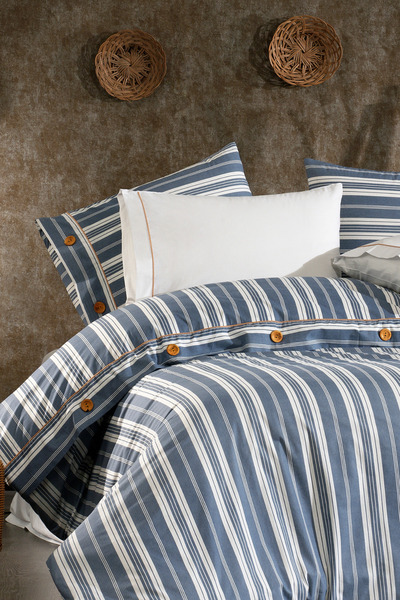 Serebien Home Collection Valentia 100% Cotton, Wooden Buttoned, Striped Fabric 6 Piece Premium Double Duvet Cover Set