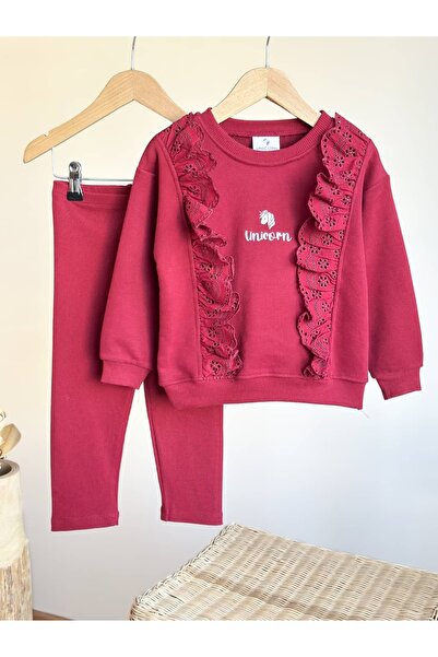 Pinkitokids Pi̇tto Cherry Ruffle Lace Detailed Sweatshirt and Leggings Set