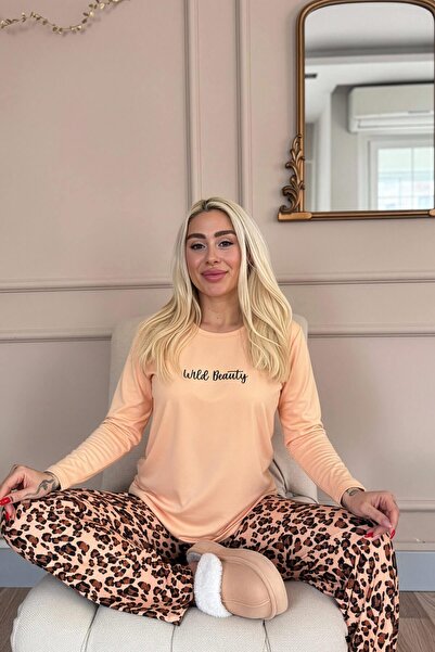 Pijamaevi Caramel Wild Beauty Patterned Long Sleeve Bamboo Knitted Women's Pajama Set