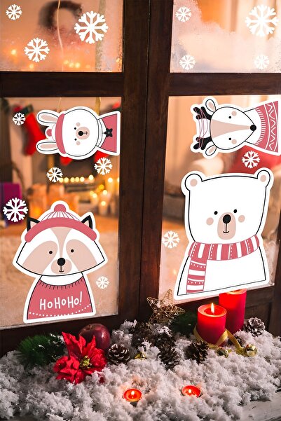 Grafikup New Year Glass and Wall Sticker Set - Cute Animals Christmas Ornament Decor Set