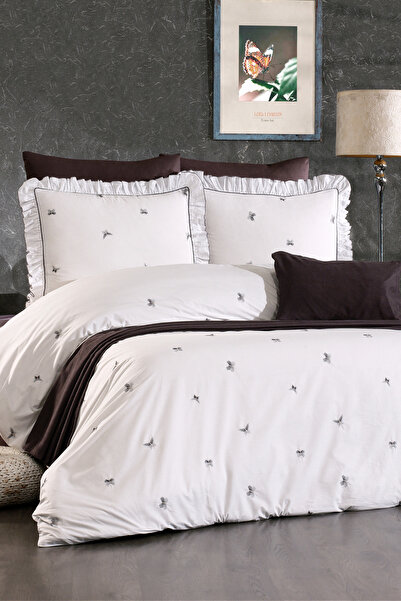 Serebien Home Collection Ophelia 100% Cotton Butterfly Pattern Embroidered, Ruffled, 8-Piece Premium Double Duvet Cover Set