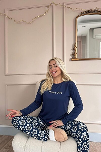 Pijamaevi Navy Blue Floral Days Patterned Long Sleeve Bamboo Knitted Women's Pajama Set