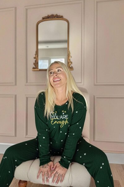 Pijamaevi Green Enough Patterned Kangaroo Pocket Plush Fleece Pajama Set