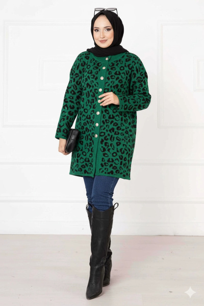 AZRA BUTİK Кардиган із леопардовим візерунком та ґудзиками, зелений