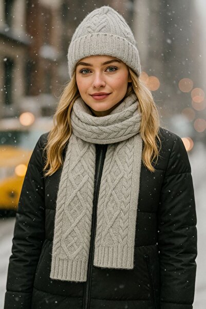 MARBERRY Gray Knitwear Braided Women's Scarf Beanie Set of 2 180X20 cm