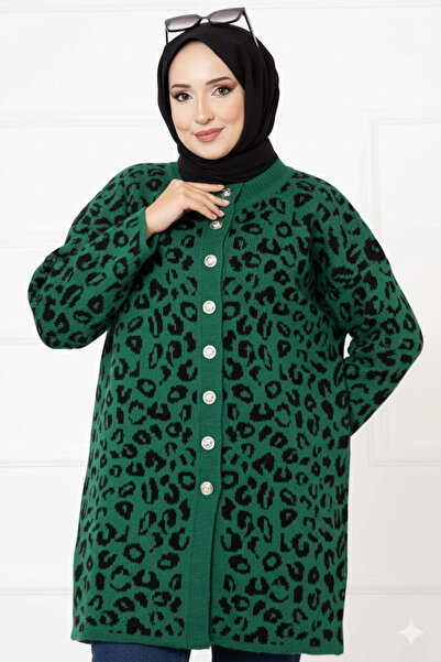 AZRA BUTİK Кардиган із леопардовим візерунком та ґудзиками, зелений
