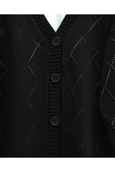 Modamorfo Lace-Like Knit Diamond Patterned Knitwear Cardigan -Black