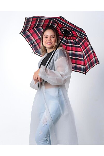 Herşey Nota Kırmızı Ekoseli Kadın Şemsiye | Klasik, Şık ve Rüzgar Dirençli Model