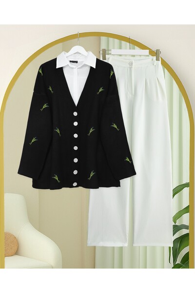 Modamorfo Stone Buttoned Branch Patterned Knitwear Cardigan -Black