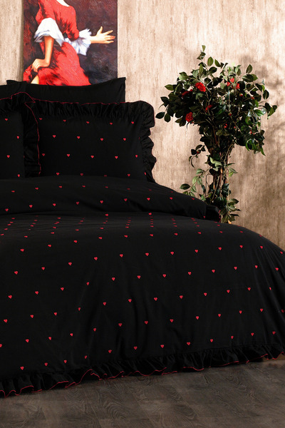 Serebien Home Collection Velora 100% Cotton Heart Pattern Embroidered, Ruffled 6 Piece Double Duvet Cover Set-Heart Duvet Cover