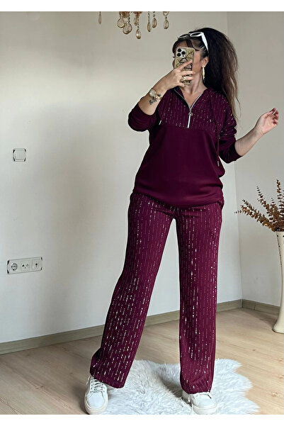 AZRA BUTİK Capusonlu Stone Set Burgundy