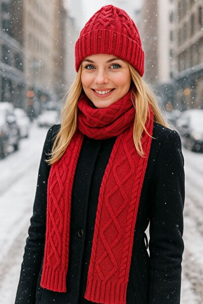 MARBERRY Burgundy Knitwear Braided Women's Scarf Beanie Set of 2 180X20 cm