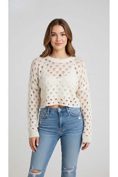 HepsitrentStore Crew Neck Long Sleeve Lace-Like Knit Pattern Knitwear Sweater