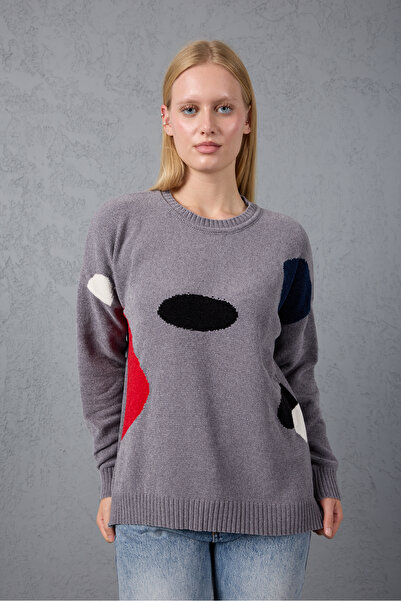 Moda Days Women's Gray Chenille Velvet Color Block Crew Neck Knitwear Sweater