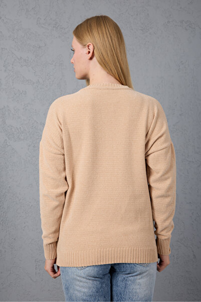 Moda Days Women's Light Beige Chenille Velvet Color Block Crew Neck Knitwear Sweater