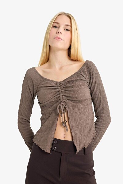 DeFacto Coool Flare Fit Wrinkle Front Tie-Up Long Sleeve Blouse G3007Ax25Wn