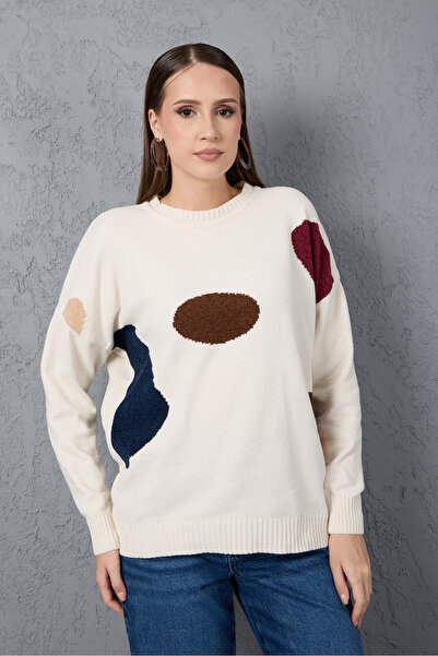 Moda Days Women's White Chenille Velvet Color Block Crew Neck Knitwear Sweater