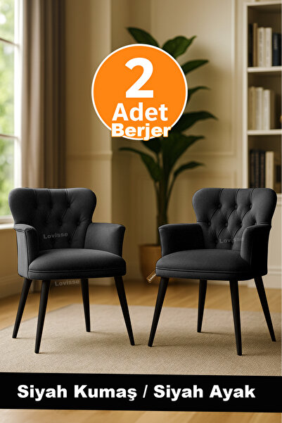 LOVİSSE HOME 2 Adet Siyah Berjer Tekli Koltuk – Ofis / Salon / Balkon – Bekleme koltuğu, Cafe , Çay seti