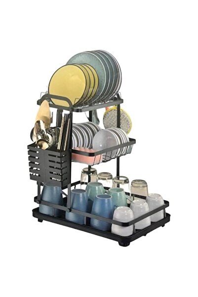 DMX 3-Level Dish Drainer with Drainage System - Metal, 47.5x42x30 cm, Black (...