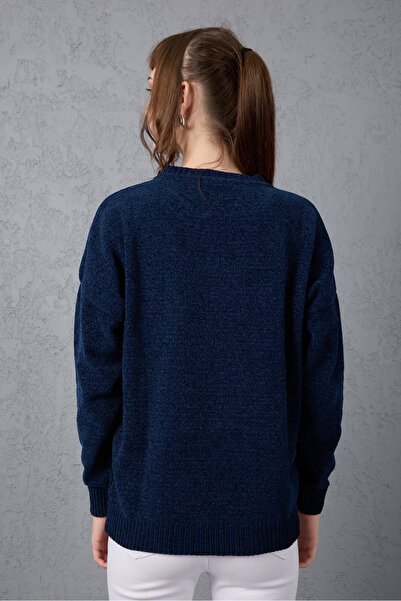 Moda Days Women's Dark Navy Chenille Velvet Color Block Crew Neck Knitwear Sweater