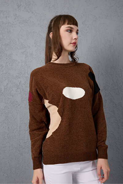 Moda Days Women's Bitter Brown Chenille Velvet Color Block Crew Neck Knitwear Sweater