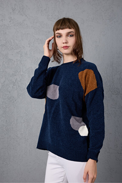 Moda Days Women's Dark Navy Chenille Velvet Color Block Crew Neck Knitwear Sweater