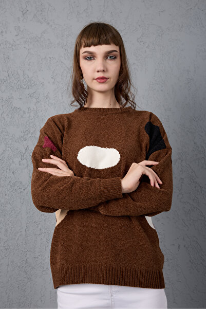 Moda Days Women's Bitter Brown Chenille Velvet Color Block Crew Neck Knitwear Sweater