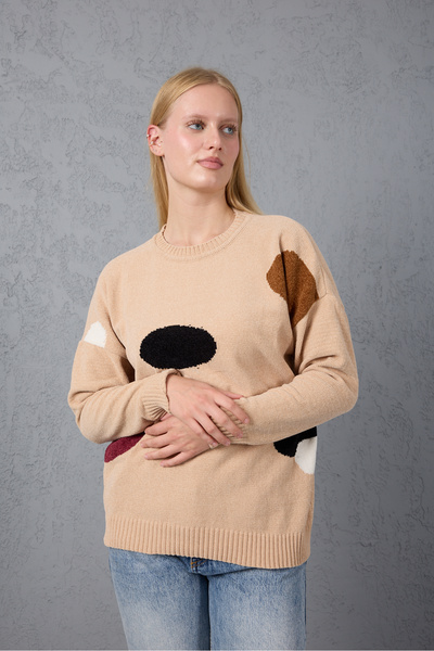 Moda Days Women's Light Beige Chenille Velvet Color Block Crew Neck Knitwear Sweater