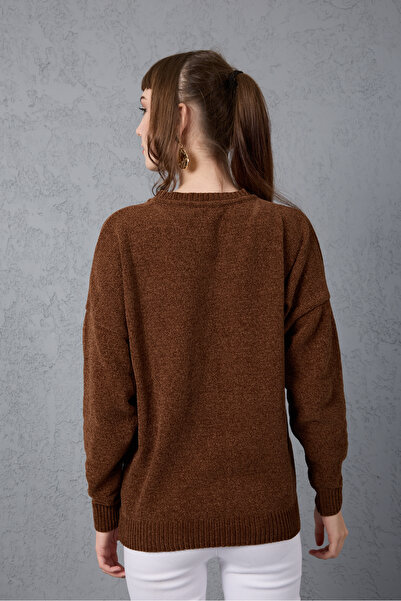 Moda Days Women's Bitter Brown Chenille Velvet Color Block Crew Neck Knitwear Sweater