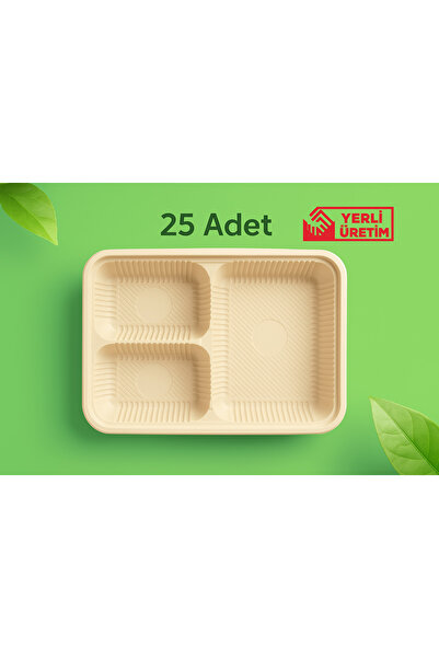 Ekolojik Ambalaj Doğa Dostu Organik 3 Bölmeli Tabldot 25 Adet Mikrodalgaya Uygun