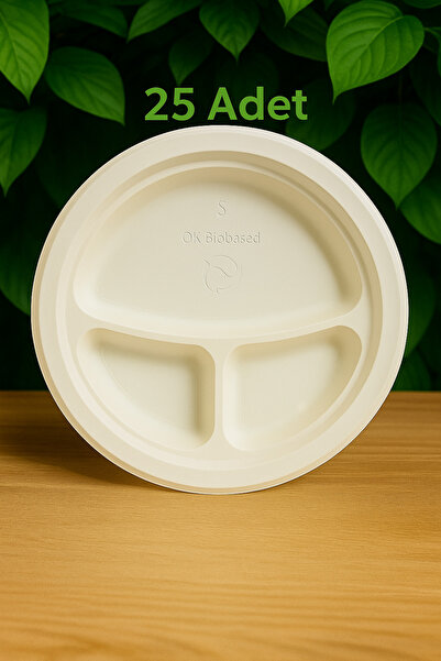 Ekolojik Ambalaj Doğa Dostu Organik 26cm 3 Bölmeli Tabak 25 Adet Mikrodalgaya Uygun