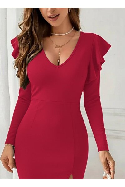 Meleners Women's Long Sleeve V-Neck Side Slit Midi Imported Crepe Dress
