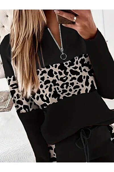 EDA COLLECTION Women's Long Sleeve Zippered Mixed Pattern Viscose Two Thread Blouse and Pants Two-Piece Set