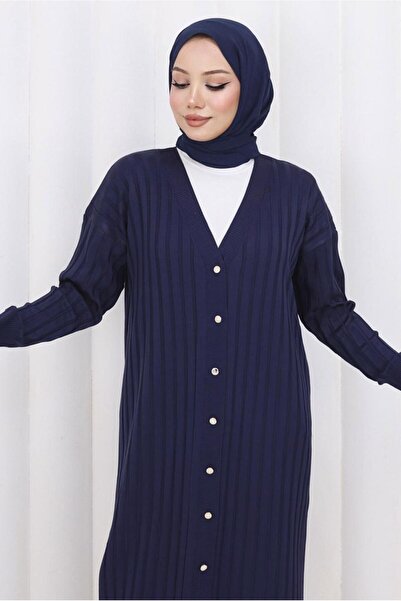 TRENDTESETTÜR Women's Dark Blue Long Knit Cardigan t 7523