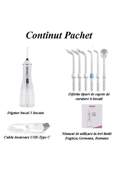 4Me4Y Professional oral irrigator, OLED, portable, 1800mAh, 350ml, 5 speeds, 6 nozzles, IPX7, transparent