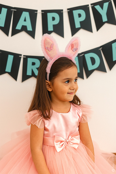 BearPear Tavşan Kulaklı Taç Parti Kostüm Aksesuarı Pembe Fırfırlı Taç