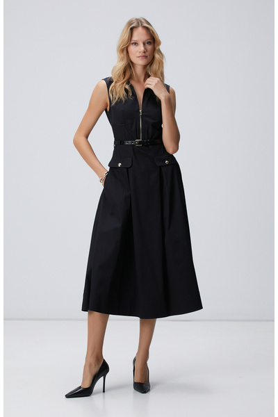 Network Siyah Fermuarlı Midi Elbise