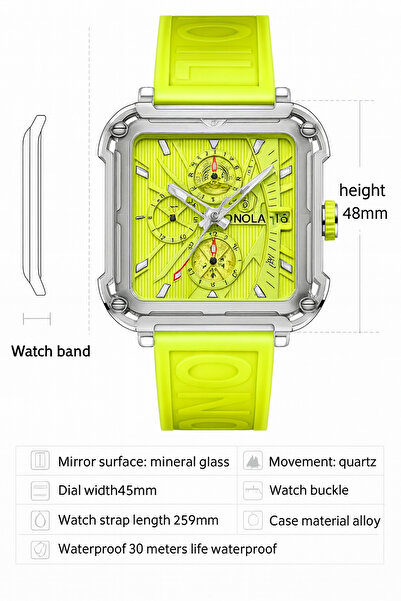 onola Watch 6831 – Sports chronograph with square dial, silicone strap, luminous display, 3BAR, silver/green